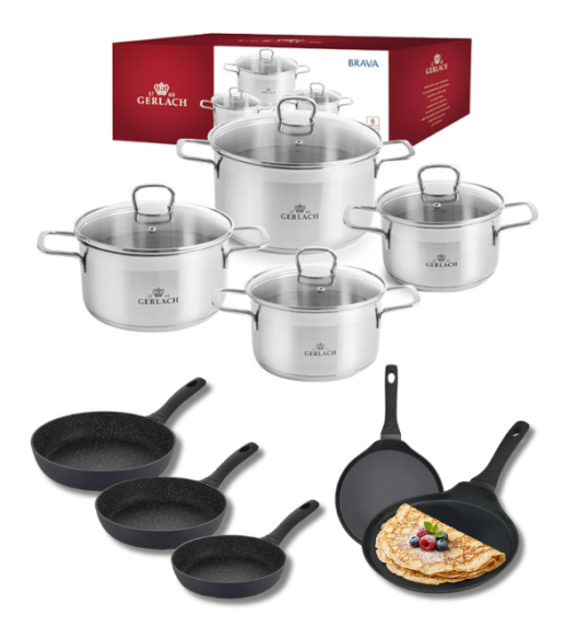 GERLACH BRAVA Komplet Garnki z pokrywkami 8 el + Patelnia naleśnikowa 26 cm Gerlach Harmony + Patelnia Granitex 20, 24, 28 cm