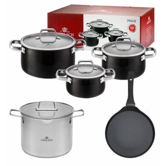 GERLACH PRIME Komplet Garnki z pokrywkami 6 el / stal nierdzewna + Patelnia naleśnikowa 26 cm + Gerlach Ambiente 7 l 