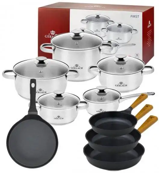 GERLACH FIRST Komplet Garnki z pokrywkami 10 el / stal nierdzewna + patelnia naleśnikowa 26 cm + Patelnia Natur Evo 20, 24, 28 cm 