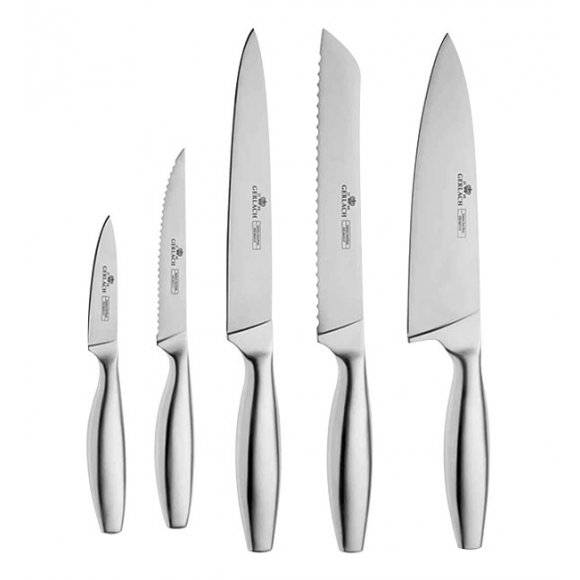 GERLACH FINE Komplet 5 noży w bloku + Natur Tasak do ziół z deską + Nożyce stalowe do drobiu