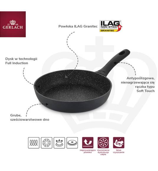 GERLACH AMBIENTE Komplet Garnki z pokrywkami 10 el + Patelnie Granitex 20, 28 cm +pokrywki uniwersalne / stal nierdzewna / indukcja