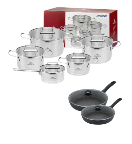 GERLACH AMBIENTE Komplet Garnki z pokrywkami 10 el + Patelnie Granitex 20, 28 cm +pokrywki uniwersalne / stal nierdzewna / indukcja