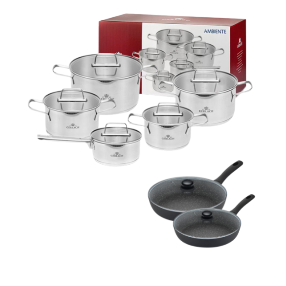 GERLACH AMBIENTE Komplet Garnki z pokrywkami 10 el + Patelnie Granitex 20, 28 cm +pokrywki uniwersalne / stal nierdzewna / indukcja