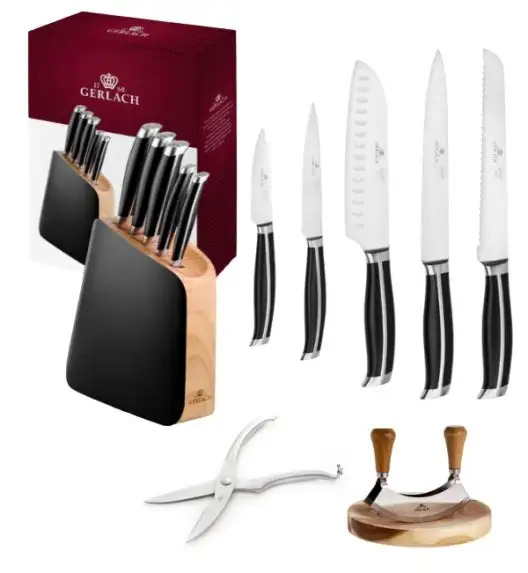 GERLACH LOFT Komplet 5 noży w bloku + Gerlach Natur Tasak do ziół z deską + nożyce do drobiu stalowe