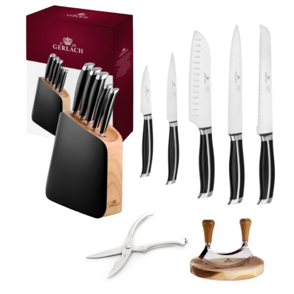 GERLACH LOFT Komplet 5 noży w bloku + Gerlach Natur Tasak do ziół z deską + nożyce do drobiu stalowe