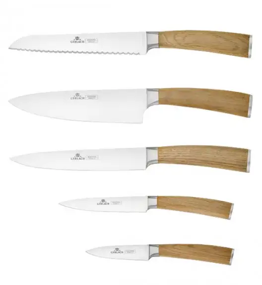GERLACH NATUR Komplet 5 noży w bloku + ostrzałka 3w1 Gerlach Granitex+ nożyce drewniane do drobiu 