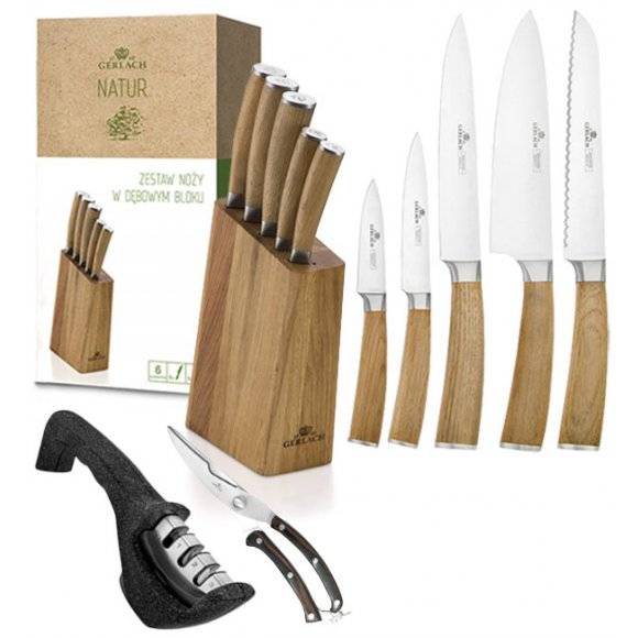 GERLACH NATUR Komplet 5 noży w bloku + ostrzałka 3w1 Gerlach Granitex+ nożyce drewniane do drobiu 