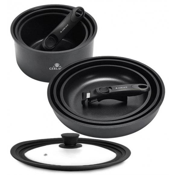 GERLACH SMART 994 Komplet 3 garnków 16/18/20 cm z odpinaną rączką + patelnie Smart 20, 24, 28 cm +pokrywka silikonowa 24/26/28 cm 
