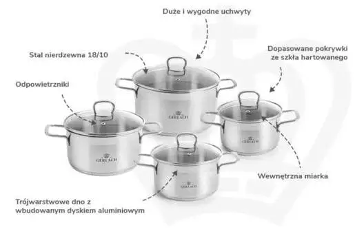 GERLACH BRAVA Komplet Garnki z pokrywkami 8 el + Gerlach Smart Patelnia 20 24 28 cm 