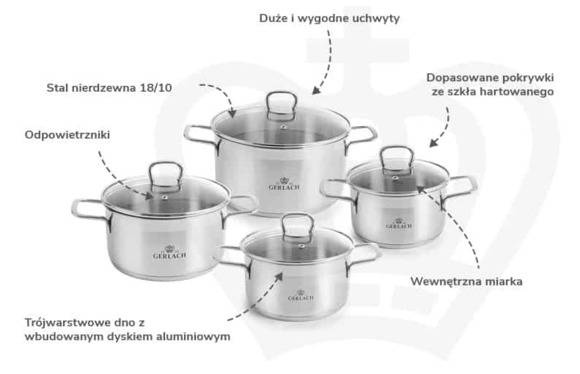 GERLACH BRAVA Komplet Garnki z pokrywkami 8 el + Gerlach Smart Patelnia 20 24 28 cm