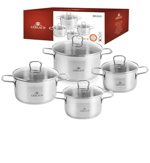 GERLACH BRAVA Komplet Garnki z pokrywkami 8 el + Gerlach Smart Patelnia 20 24 28 cm 