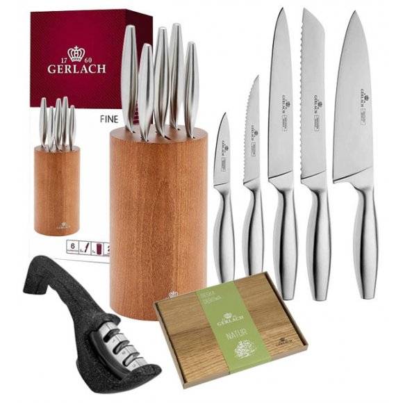 GERLACH FINE Komplet 5 noży w bloku + ostrzałka 3w1 Gerlach + deska dębowa