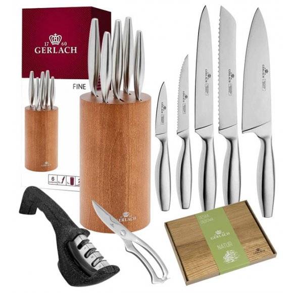GERLACH FINE Komplet 5 noży w bloku + ostrzałka 3w1 Gerlach + deska dębowa + nożyce do drobiu