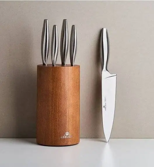 GERLACH FINE Komplet 5 noży w bloku + Natur Tasak z deską do ziół + deska dębowa