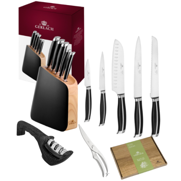 GERLACH LOFT Komplet 5 noży w bloku + ostrzałka 3w1 + nożyce + deska dębowa
