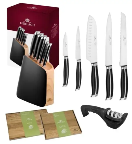 GERLACH LOFT Komplet 5 noży w bloku + ostrzałka 3w1 + komplet desek dębowych