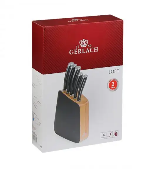 GERLACH LOFT Komplet 5 noży w bloku + ostrzałka 3w1 + komplet desek dębowych
