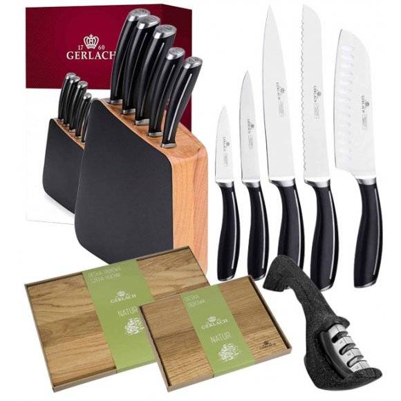 GERLACH LOFT Komplet 5 noży w bloku + ostrzałka 3w1 + komplet desek dębowych