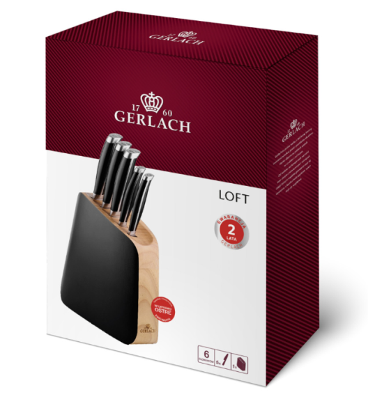 GERLACH LOFT Komplet 5 noży w bloku + ostrzałka 3w1 + komplet desek dębowych