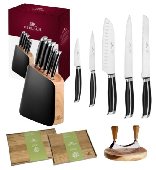 GERLACH LOFT Komplet 5 noży w bloku + Gerlach Natur Tasak z deską do ziół + komplet desek dębowych