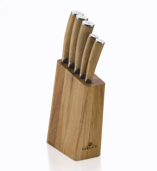 GERLACH NATUR Komplet 5 noży w bloku + ostrzałka 3w1 + deska dębowa + nożyce