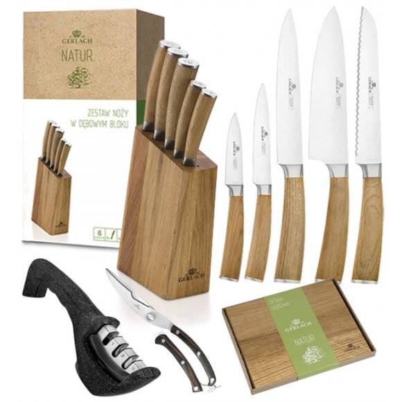 GERLACH NATUR Komplet 5 noży w bloku + ostrzałka 3w1 + deska dębowa + nożyce