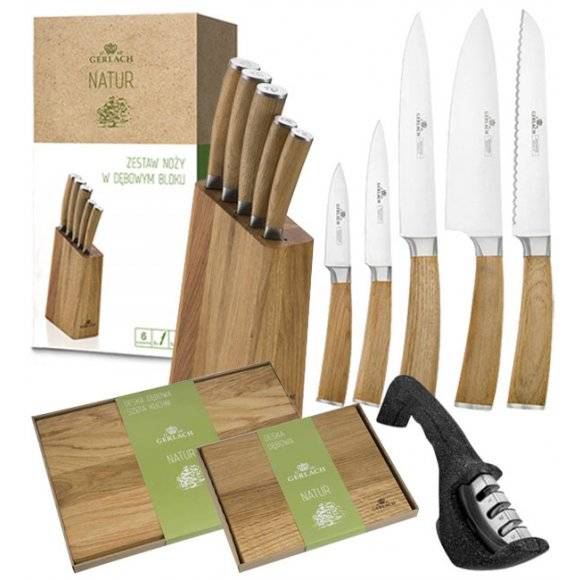 GERLACH NATUR Komplet 5 noży w bloku + ostrzałka 3w1 + komplet desek dębowych