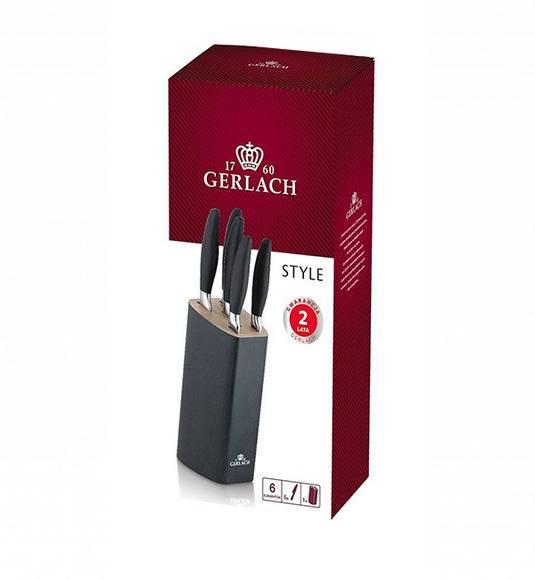 GERLACH STYLE PLUS Komplet 5 noży w bloku + ostrzałka Granitex 3w1 + deska dębowa Natur