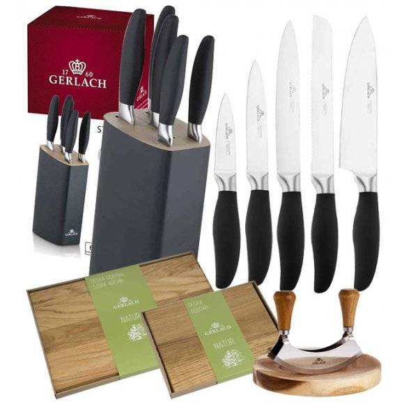 GERLACH STYLE Komplet 5 noży w bloku + Natur Tasak do ziół z deską +komplet desek dębowych