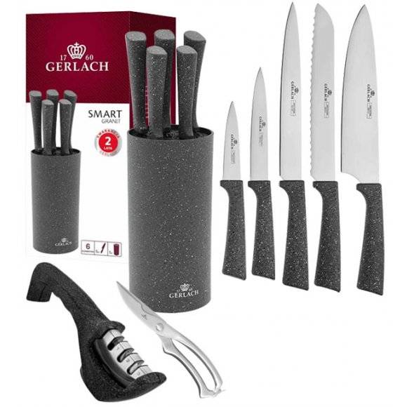 GERLACH SMART GRANIT Komplet 5 noży w bloku + ostrzałka 3w1 + nożyce stalowe do drobiu 