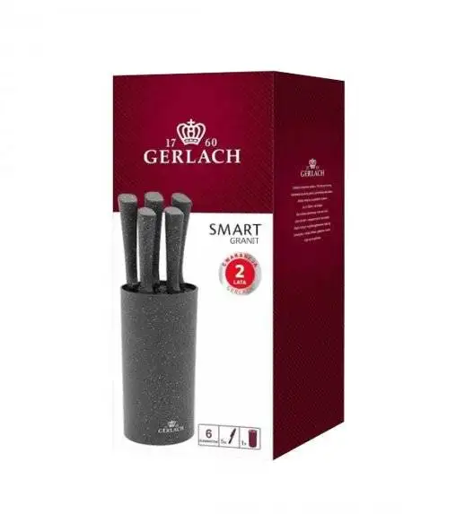 GERLACH SMART GRANIT Komplet 5 noży w bloku + ostrzałka 3w1 +deska drewniana Natur + nożyce stalowe do drobiu