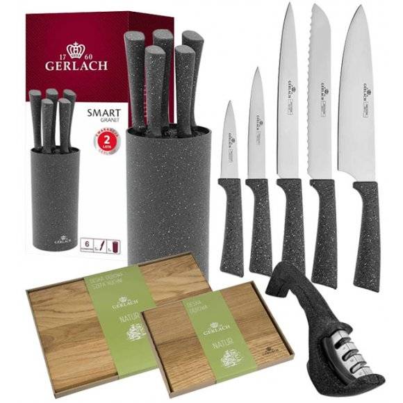 GERLACH SMART GRANIT Komplet 5 noży w bloku + ostrzałka 3w1 +komplet dwóch desek dębowych