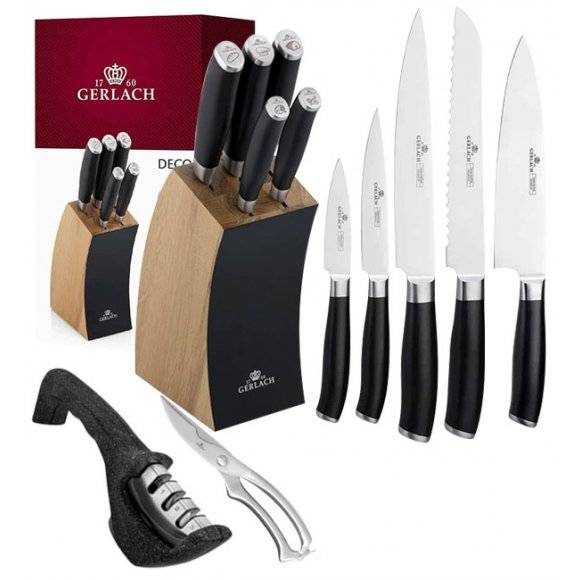 ​GERLACH DECO BLACK Komplet 5 noży w bloku + ostrzałka 3w1+ nożyce do drobiu 