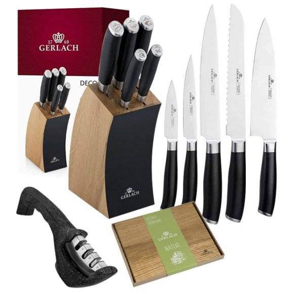 ​GERLACH DECO BLACK Komplet 5 noży w bloku + ostrzałka 3w1+ Deska Natur 30 x 24 cm