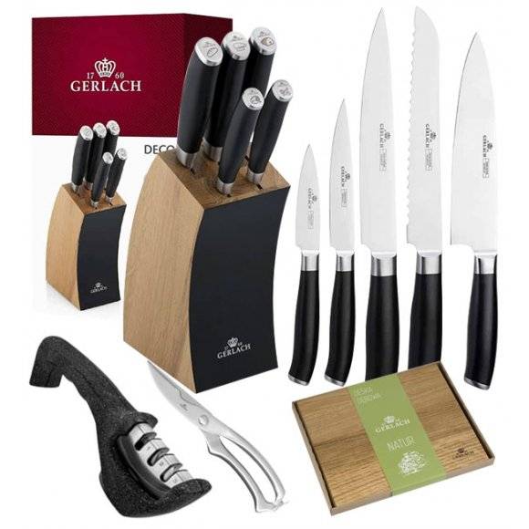 ​GERLACH DECO BLACK Komplet 5 noży w bloku + ostrzałka 3w1+ Deska Natur 30 x 24 cm + nożyce stalowe do drobiu 