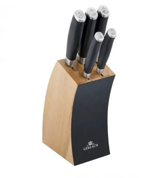 ​GERLACH DECO BLACK Komplet 5 noży w bloku + ostrzałka 3w1+ Deska Natur 30 x 24 cm + nożyce stalowe do drobiu 