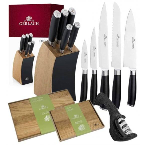 ​GERLACH DECO BLACK Komplet 5 noży w bloku + ostrzałka 3w1+ komplet desek dębowych Natur
