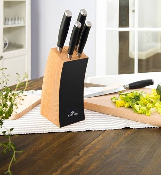 ​GERLACH DECO BLACK Komplet 5 noży w bloku + ostrzałka 3w1+ komplet desek dębowych Natur