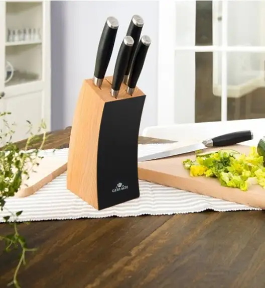 ​GERLACH DECO BLACK Komplet 5 noży w bloku + Natur Tasak do ziół z deską + Deska Natur 30 x 24 cm+ nożyce stalowe do drobiu 