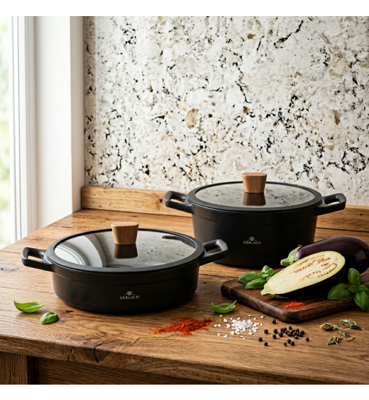 GERLACH NATUR Komplet garnków 24, 28 cm / 4,5 /4,2 L + pokrywki  / powłoka ILAG Xera Dur 2 Ceramic  / indukcja 