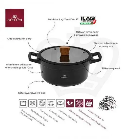 GERLACH NATUR Komplet Garnek 4,5 L z pokrywką 24 cm + Patelnia Natur 24 cm / powłoka ILAG Xera Dur 2 Ceramic  / indukcja 