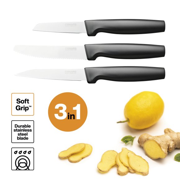FISKARS FUNCTIONAL FORM 1057561 Komplet 3 małych noży kuchennych w pudełku / stal nierdzewna