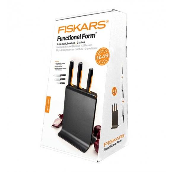 FISKARS FUNCTIONAL FORM 1057555 Komplet 3 noży w bloku czarnym + ostrzałka Fiskars Edge