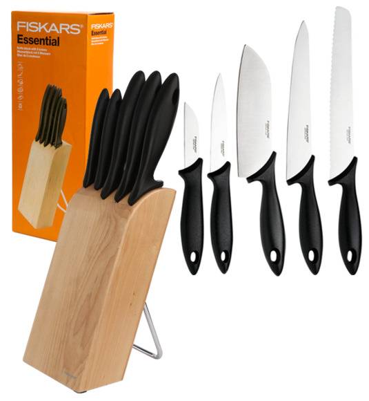 FISKARS ESSENTIAL Noże kuchenne 5 noży w bloku drewnianym / 1023782 + ostrzałka Fiskars Edge