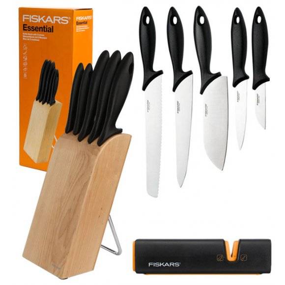 FISKARS ESSENTIAL Noże kuchenne 5 noży w bloku drewnianym / 1023782 + ostrzałka Fiskars Edge