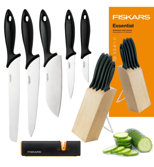 FISKARS ESSENTIAL 1023782 Zestaw 5 noży w bloku drewnianym z metalową podstawką + Ostrzałka EDGE