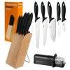 FISKARS ESSENTIAL Noże kuchenne 5 noży w bloku drewnianym / 1023782 + ostrzałka Fiskars Essential