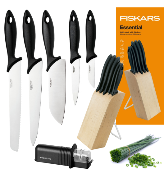 FISKARS ESSENTIAL 1023782 Zestaw 5 noży w bloku drewnianym z metalową podstawką + Ostrzałka ESSENTIAL