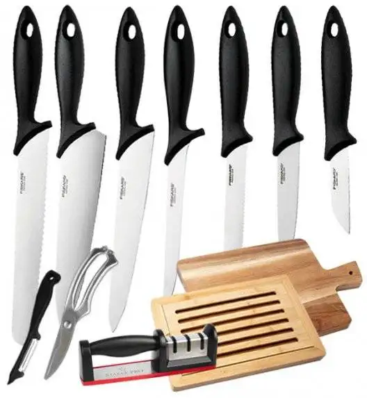 FISKARS ESSENTIAL Komplet 7 noży kuchennych luzem / stal nierdzewna + zestaw 5 akcesoriów