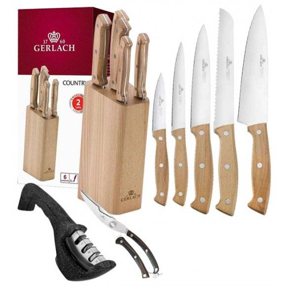 GERLACH COUNTRY Komplet 5 noży w bloku+ ostrzałka 3w1 + nożyce drewniane 